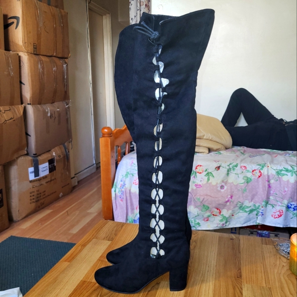 Jacobies - Over The Knee Boots - Black Suede/Lace - Size 7